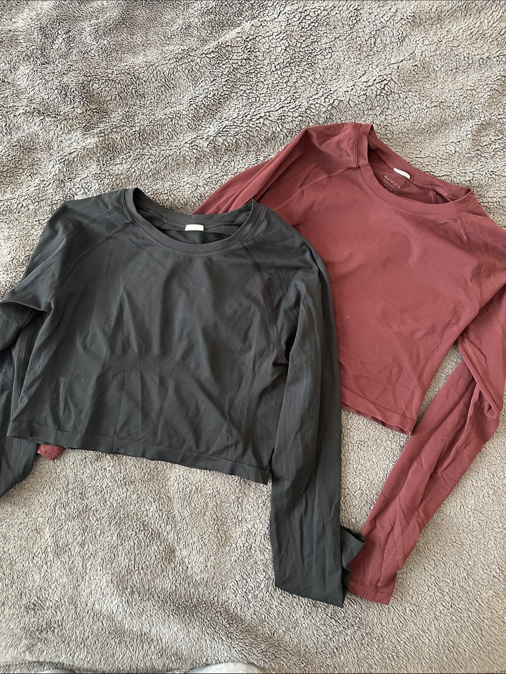 Athleta Momentum Crop Long-Sleeve, Black and Burgundy
